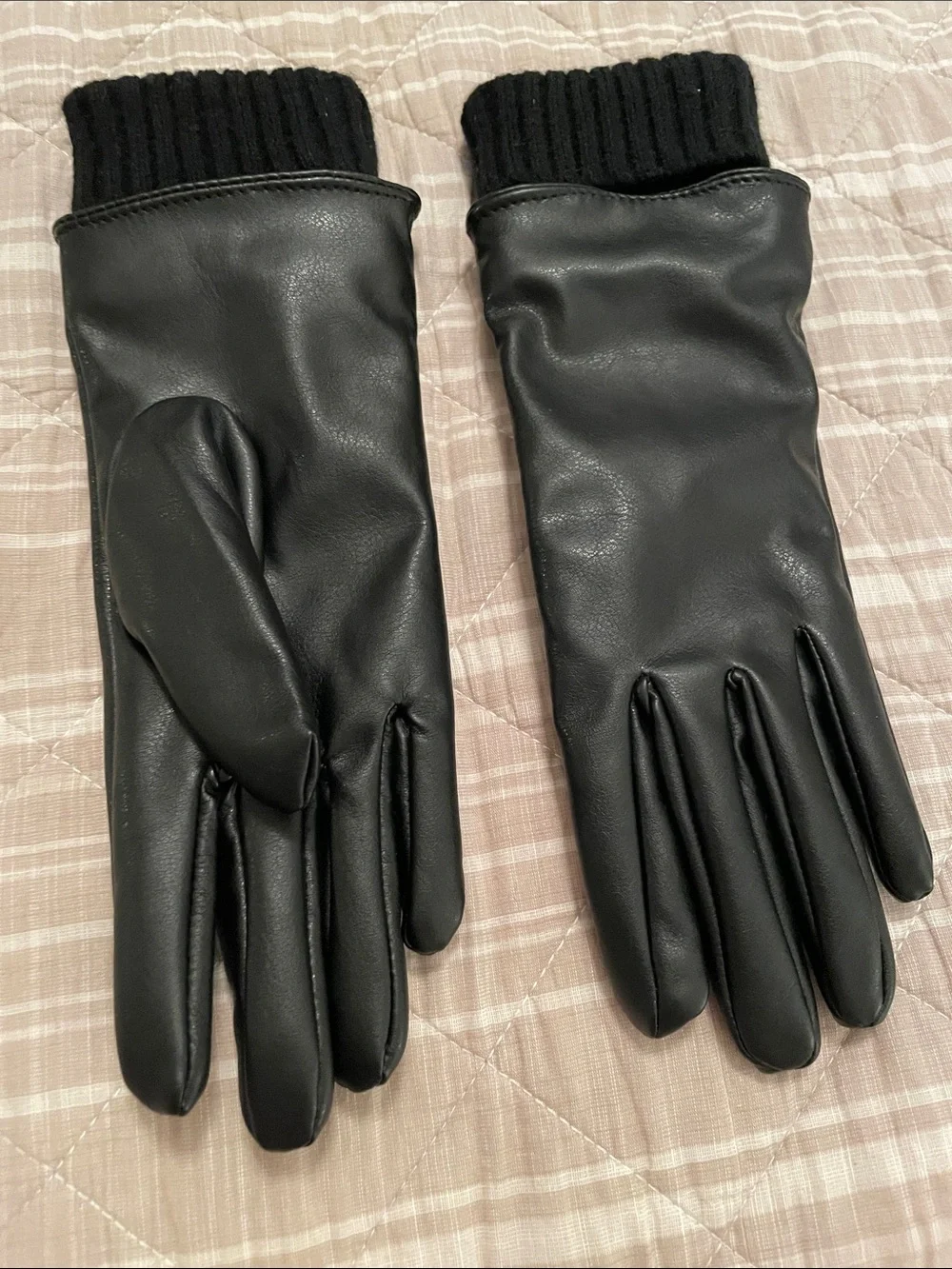 Black Leather-Style Knit Cuff women’s small medium  Gloves